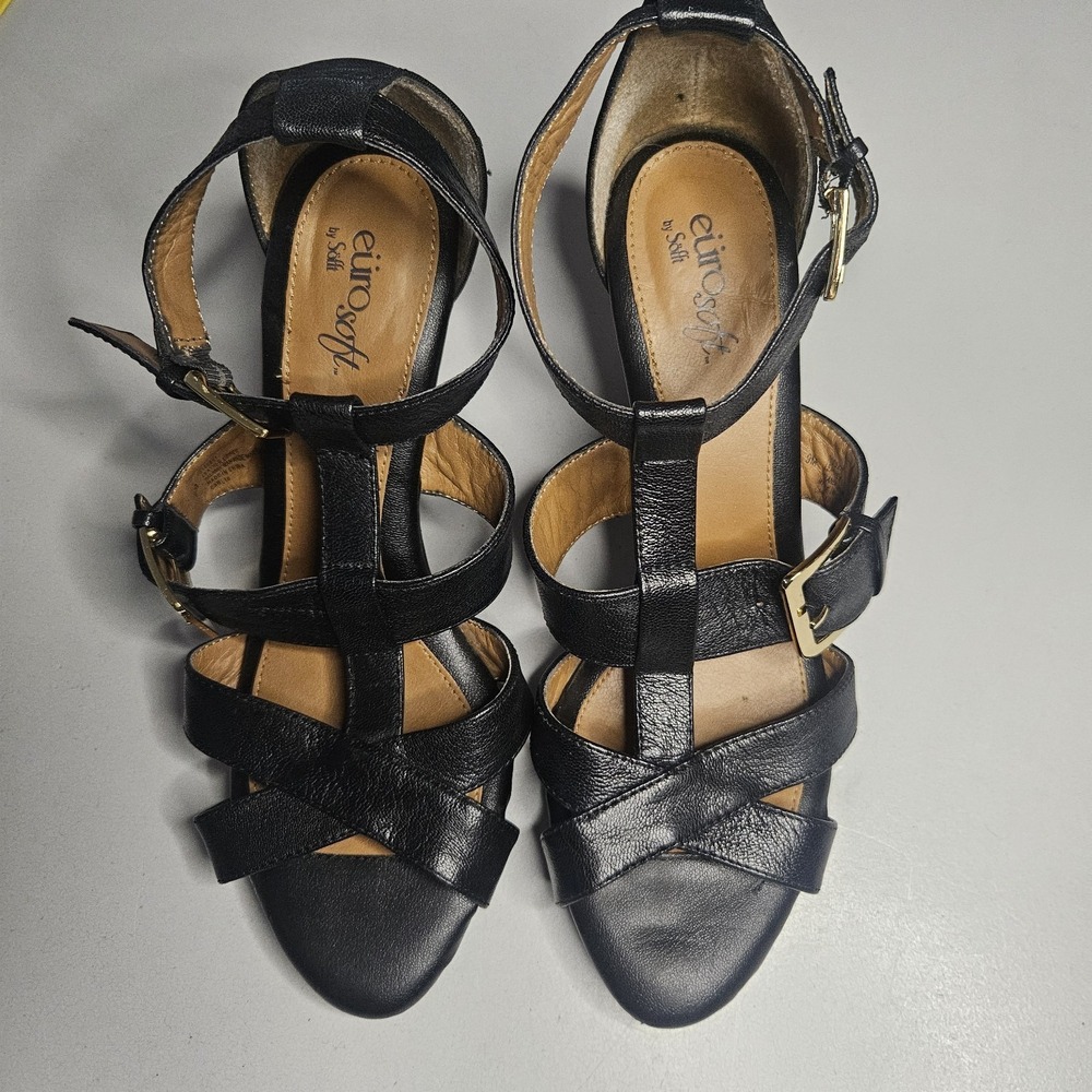 Eurosoft Sofft Womens Sandals 9M Black Leather Ankle Strap Comfort Heels